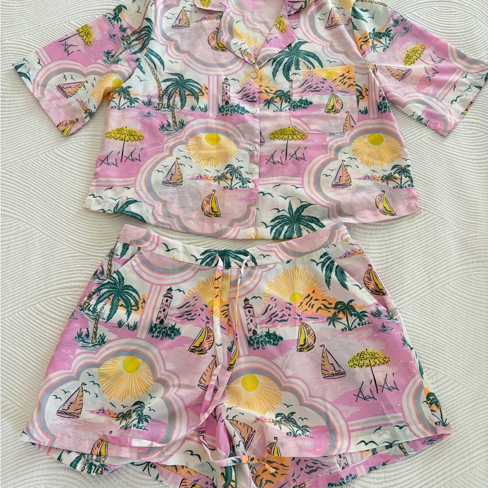 Cynthia Rowley Pink Tropical Print Cotton Pajama Set